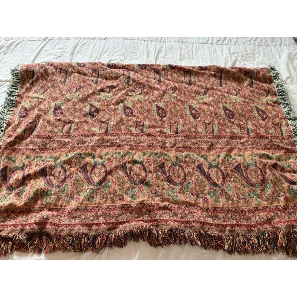 Woven Floral/Musical Tapestry Style Fringed Sofa Throw Blanket 65 x 47